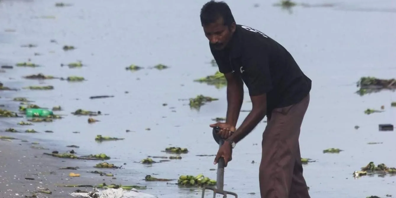 George P J stands ankle-deep in shallow water, leaning on a long-handled fork to clear floating weed and plastic litter from the surface.